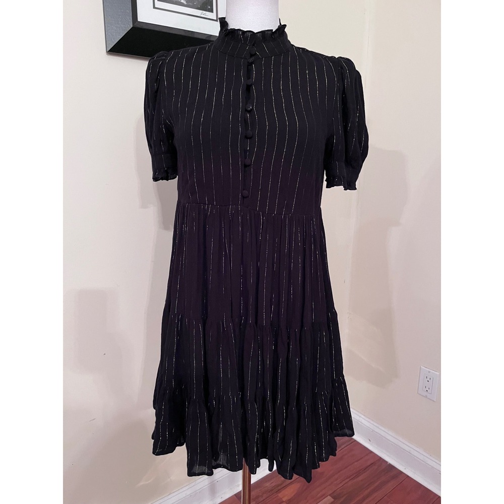 AQUA Womens Black Gold Metallic Striped Tiered Babydoll Mini Dress XS - Picture 2 of 8
